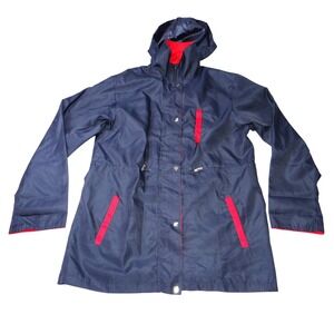 Womens Navy Blue Hooded Lightweight Rain Jacket Red Accents Size M